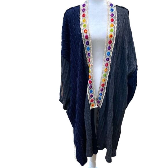 Pol Long Open Front Cardigan Kimono Knitted Navy Gray‎ Boho Embroidery SMJ368C - Picture 2 of 13